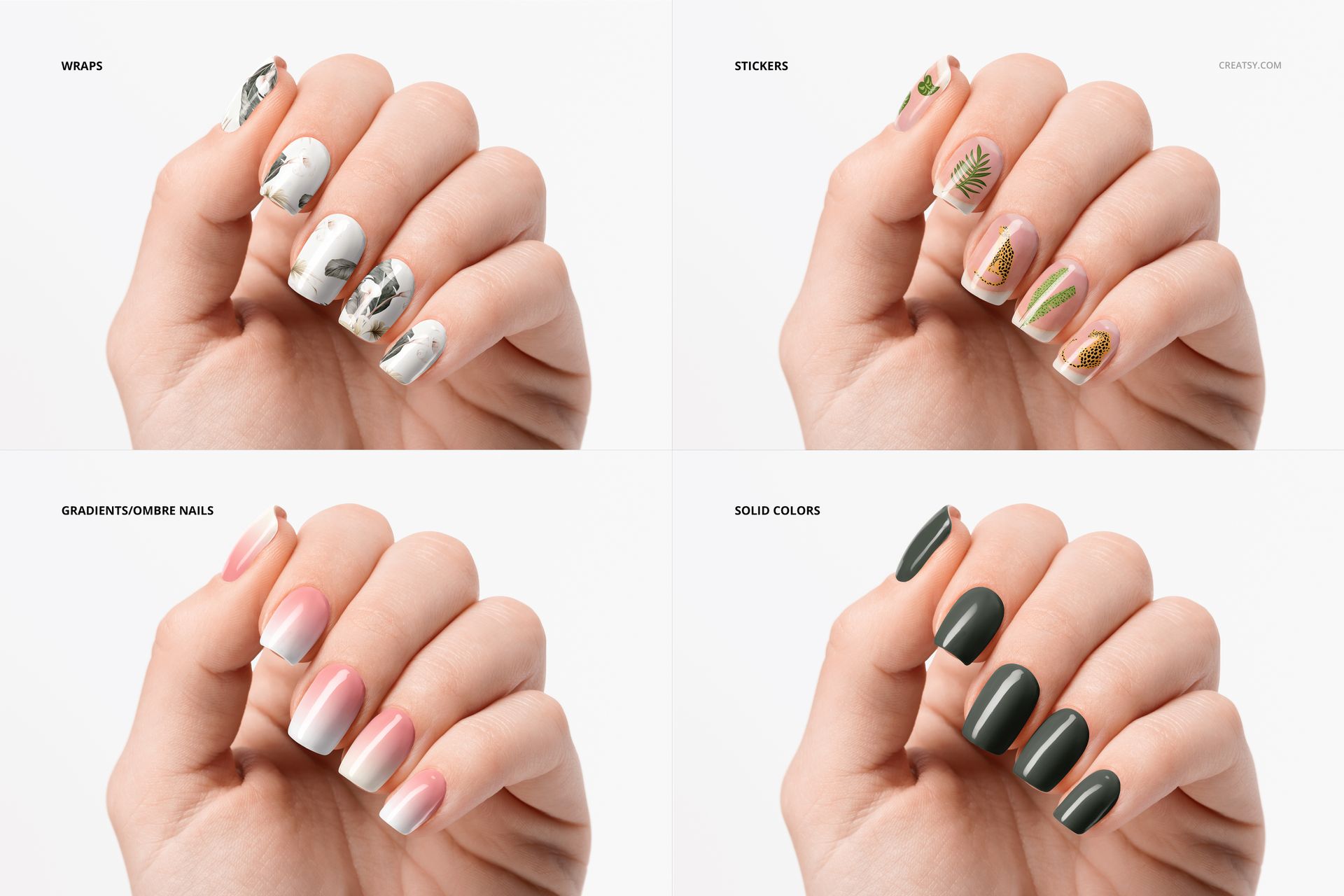 Squoval nails mockup featuring a hand with assorted nail art styles, viewed from the front against a white background.