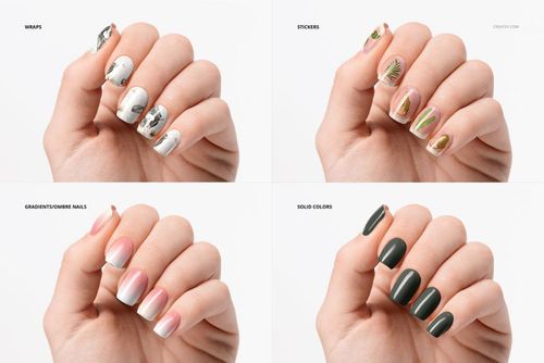Squoval nails mockup featuring a hand with assorted nail art styles, viewed from the front against a white background.