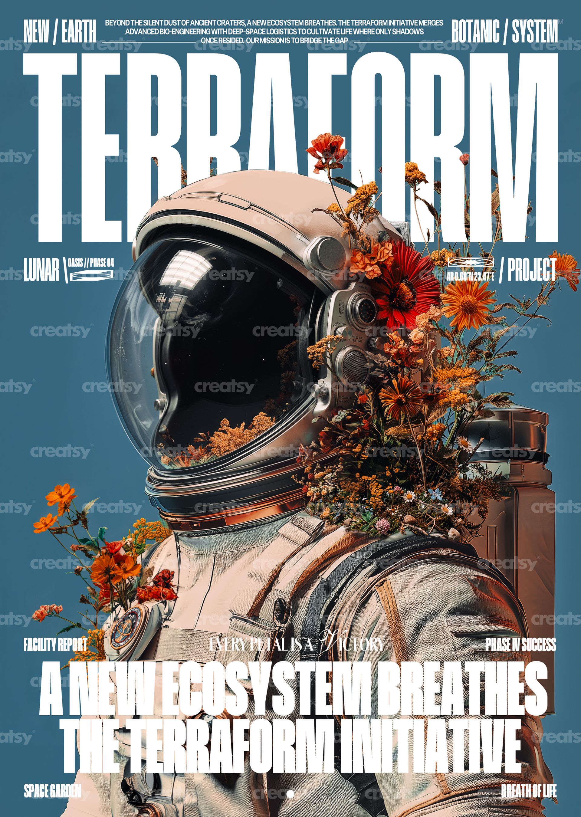 Vertical poster mockup with a space-themed design showing an astronaut adorned with blooming flowers.