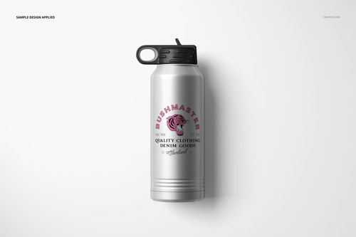 32 oz. stainless steel water bottle mockup with a screw-on black cap, displaying a central printed graphic, top view.
