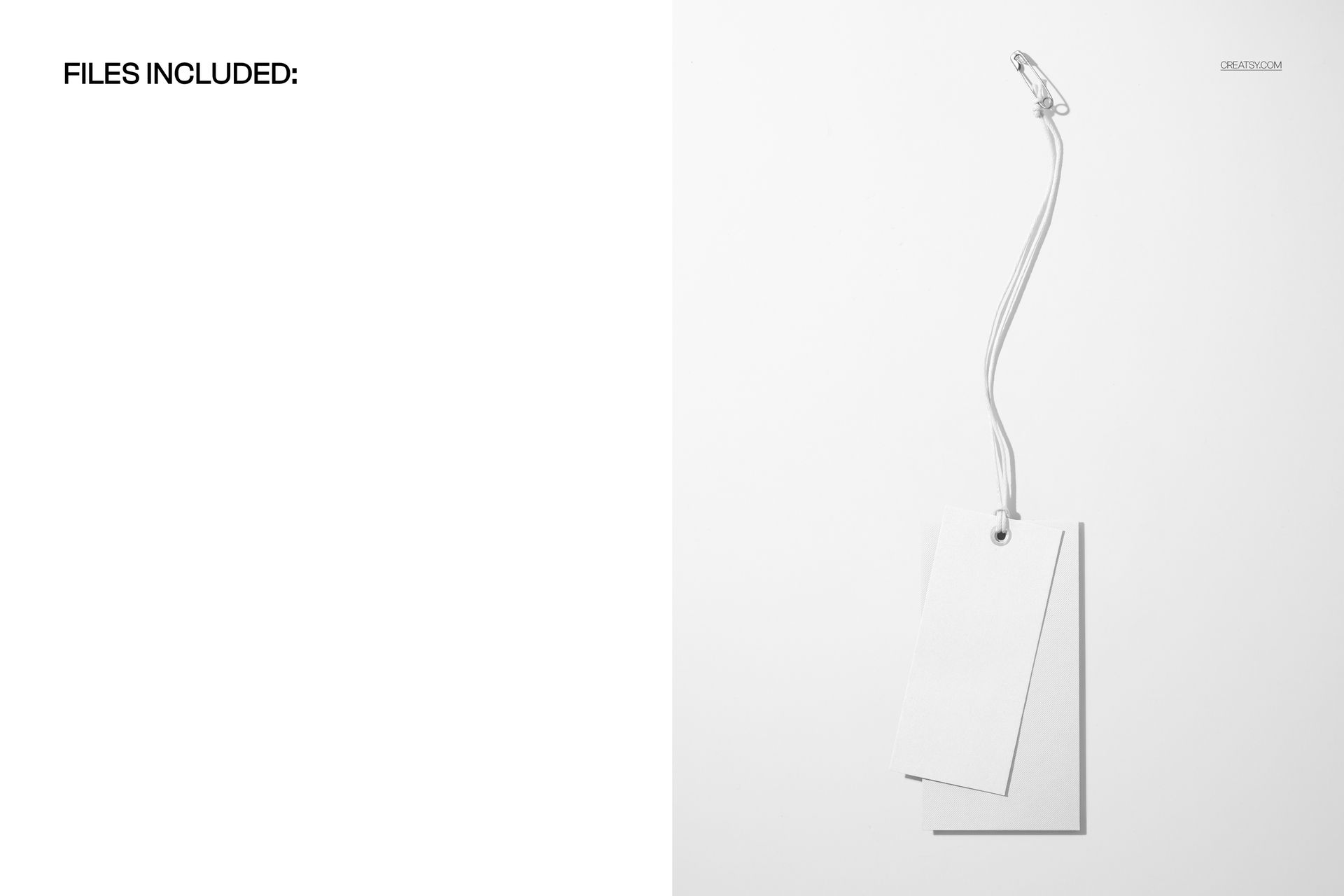 Minimalist mockup of two blank paper labels for clothing, connected by a white cord and safety pin, top view.