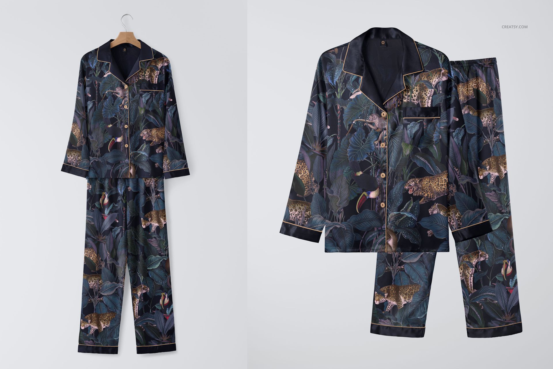 Adult silk pyjama mockup featuring a button-up shirt and pants with a leopard and foliage print, front and flat views.