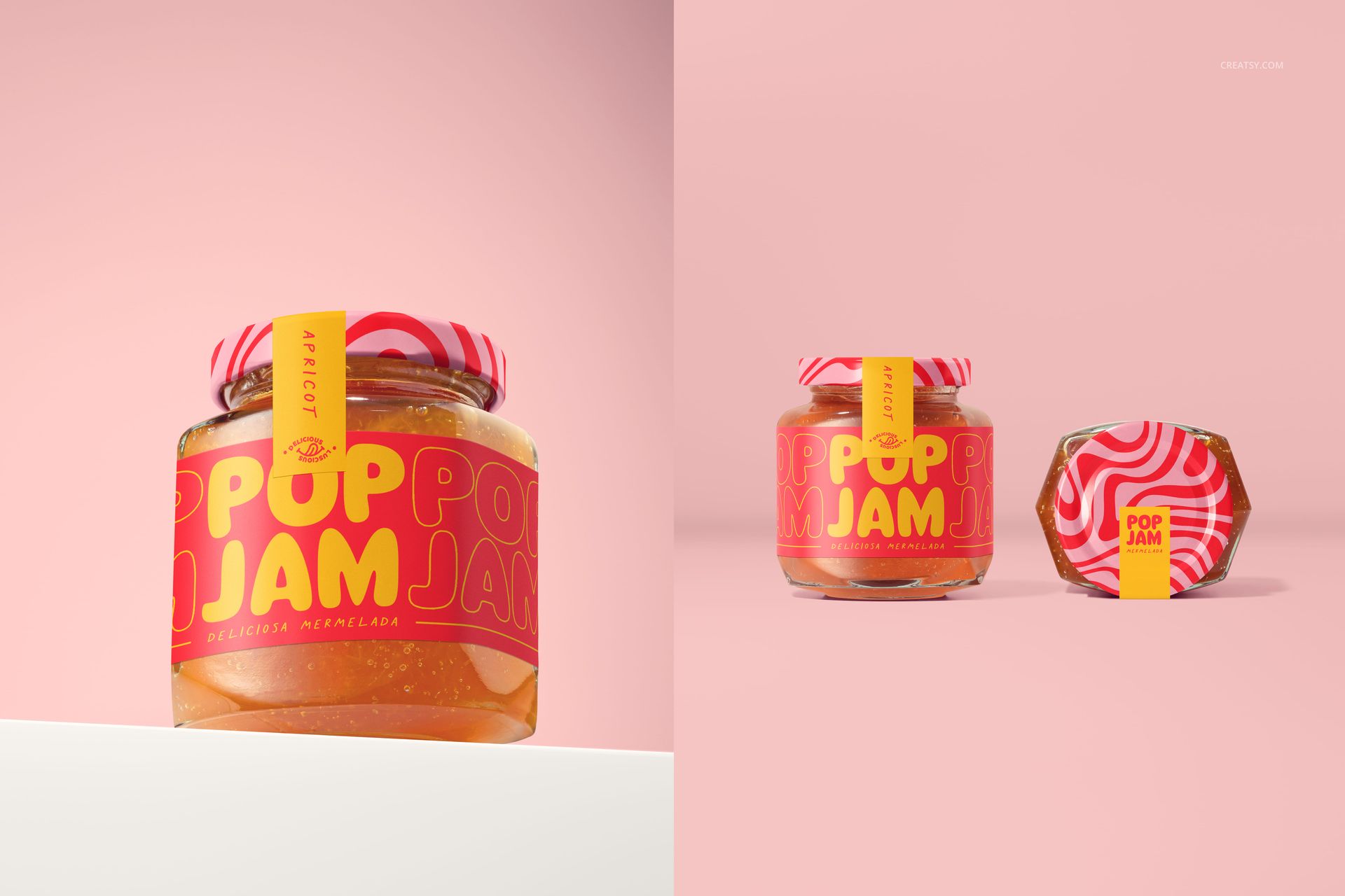 Apricot jam jars with colorful graphic labels, displayed in a mockup scene with a minimal pink background and white surface.