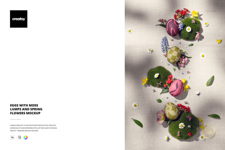 PSD mockup showing decorated eggs, green moss, and vibrant spring flowers scattered on a neutral textured background.