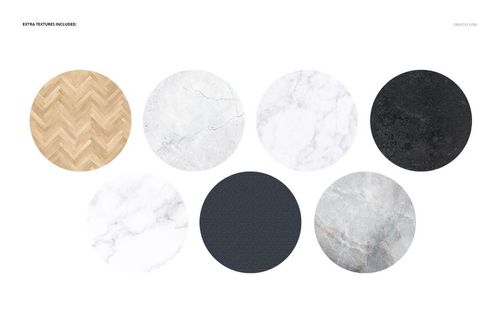 Seven circular kitchen sheet mockups with various textures including wood, marble, and dark stone on a white background.