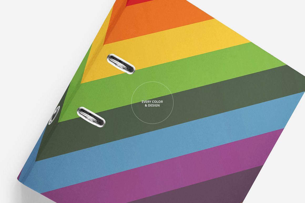 Close-up of a colorful binder mockup featuring horizontal rainbow stripes, shown from a diagonal perspective.