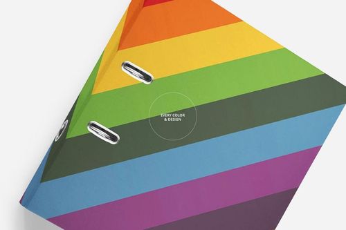 Close-up of a colorful binder mockup featuring horizontal rainbow stripes, shown from a diagonal perspective.