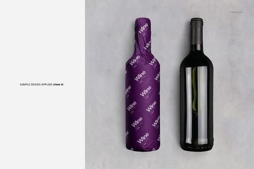 Wine bottle mockup set showing one bottle covered in patterned purple tissue paper and one plain bottle side by side.