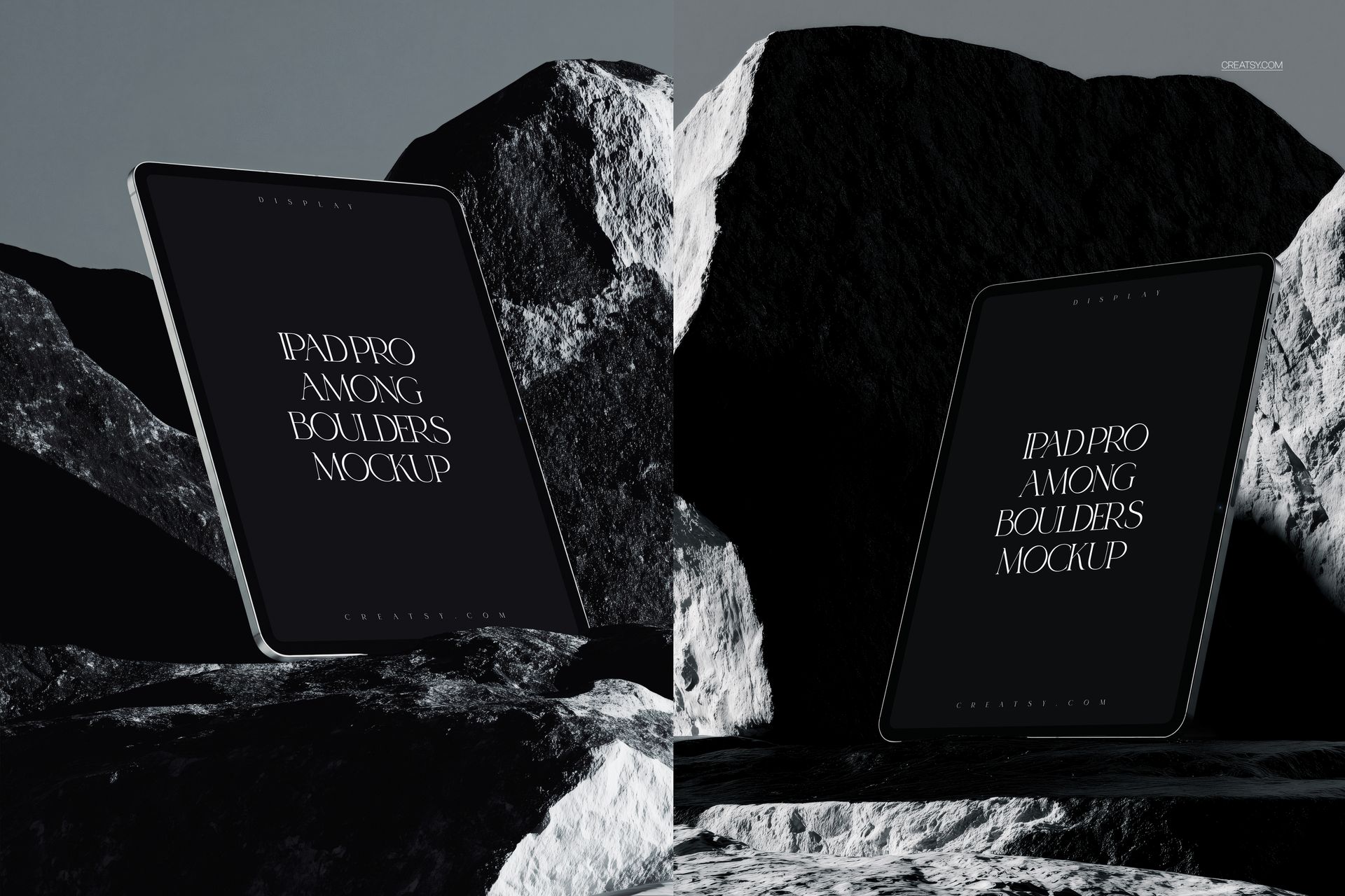 PSD mockup showing iPad Pro placed between rocky boulders, featuring dramatic lighting and shadow effects.