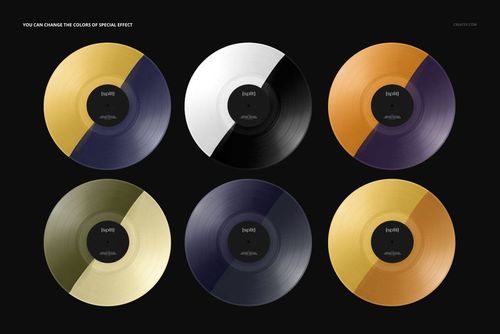 Front view of six split-effect vinyl records in various color combinations, shown in a PSD mockup layout.
