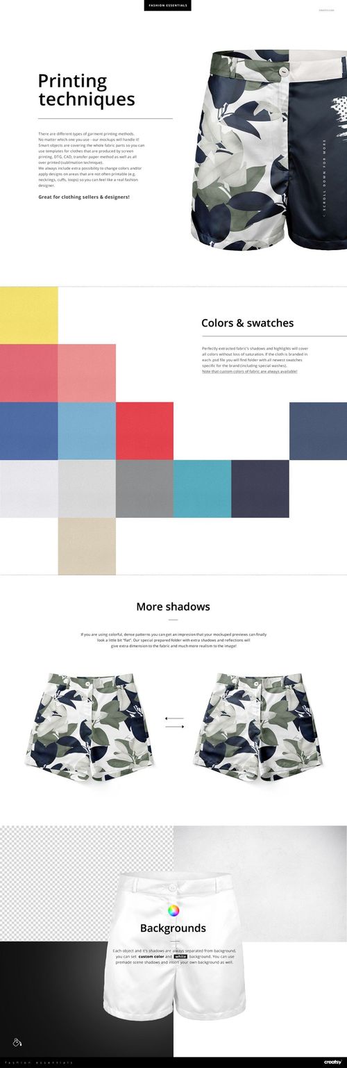 Front view of women’s polyester shorts mockup with abstract leaf pattern in blue, green, and white tones on a plain background.