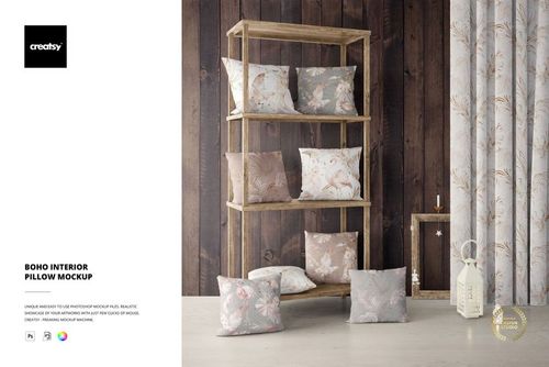 PSD mockup featuring boho pillows with pastel floral designs, set against wood paneling and patterned curtains in a living space.