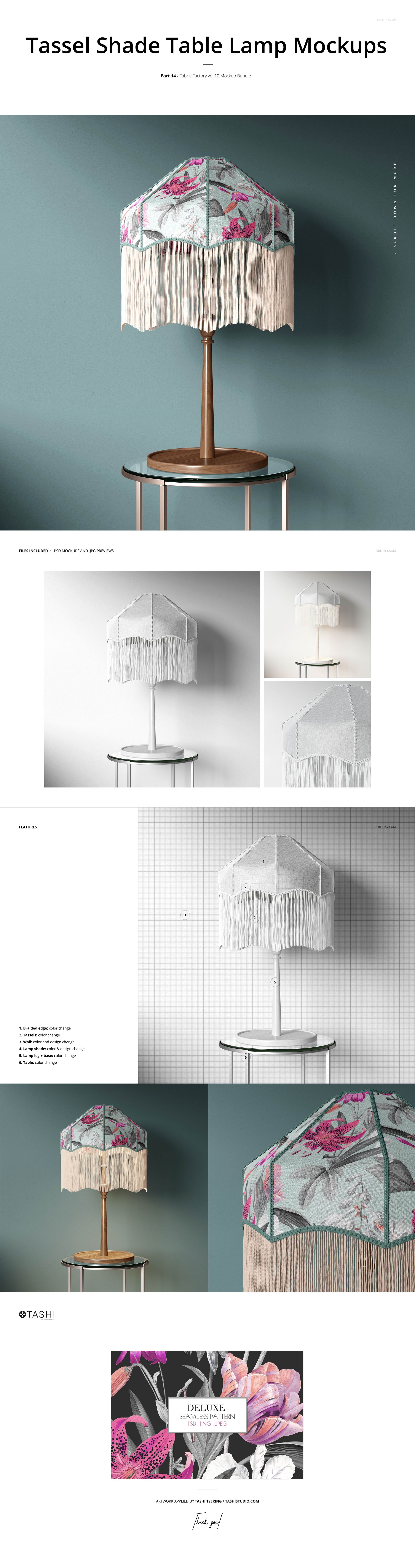 Tassel shade table lamp mockup with floral and geometric patterns, shown on a round table against a teal wall.