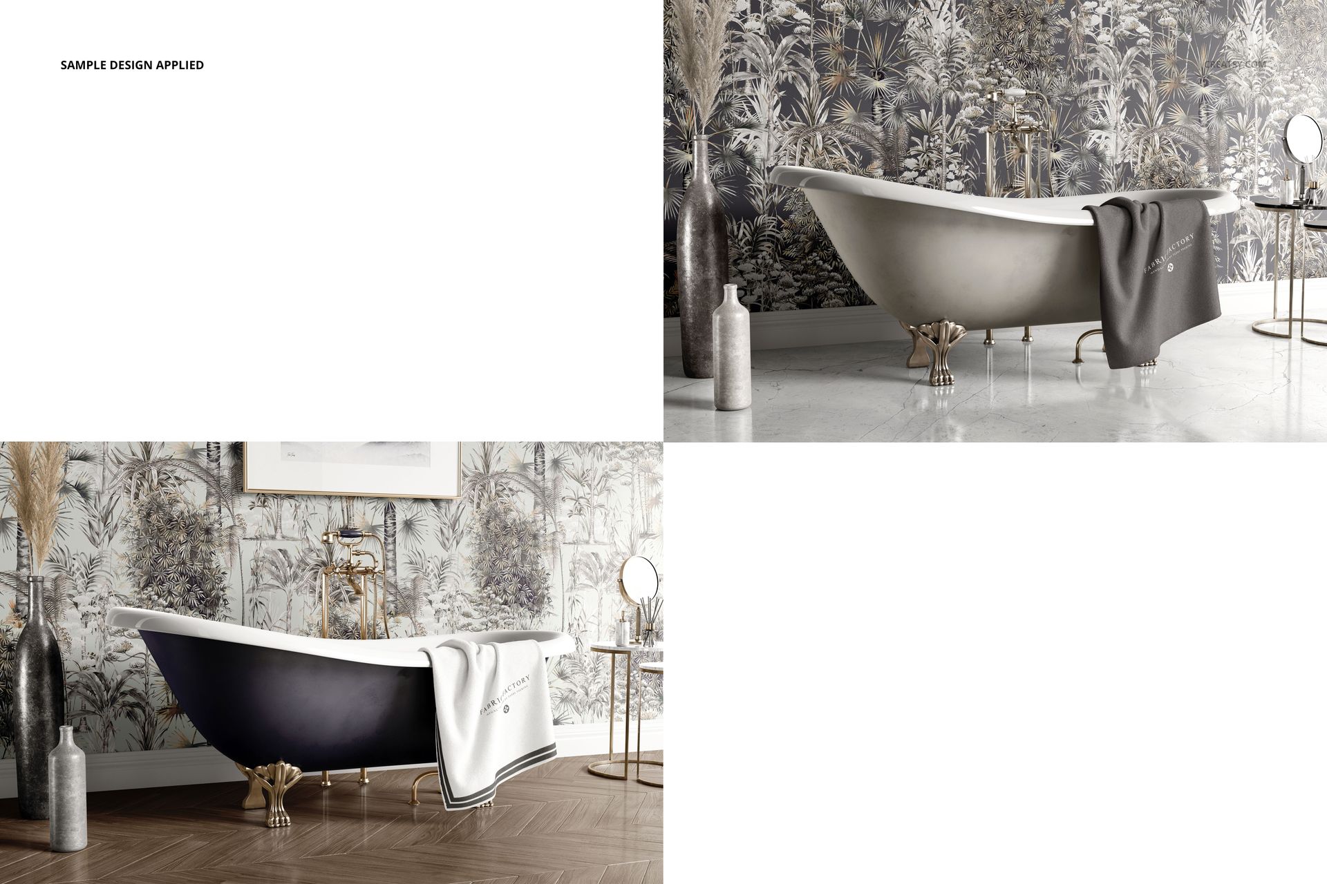 Victorian style bathroom mockup featuring a classic clawfoot bathtub, patterned wallpaper, and decorative props.