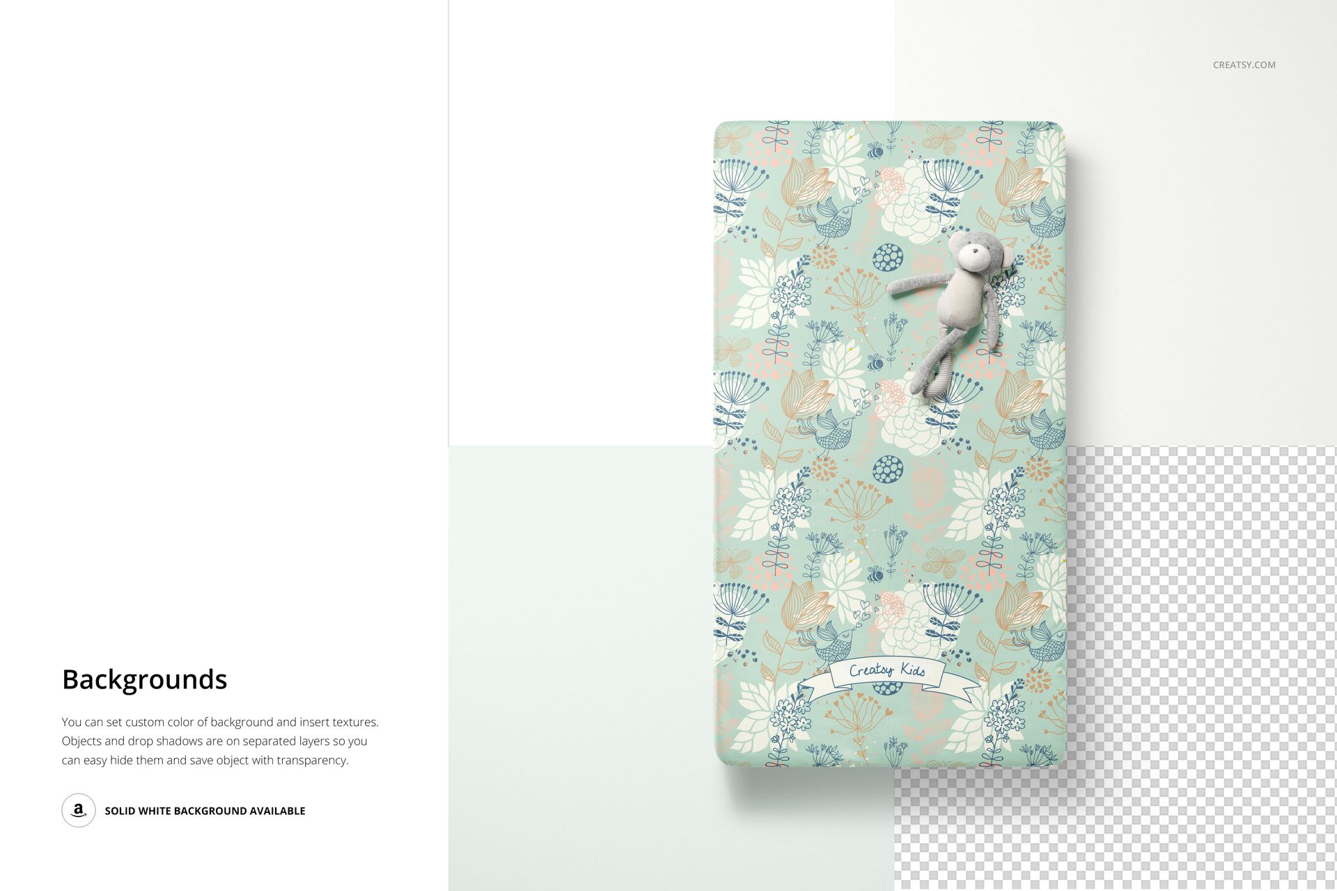 Top view of a crib sheet mockup with pastel floral and leaf pattern, mint green background, and plush toy on top.