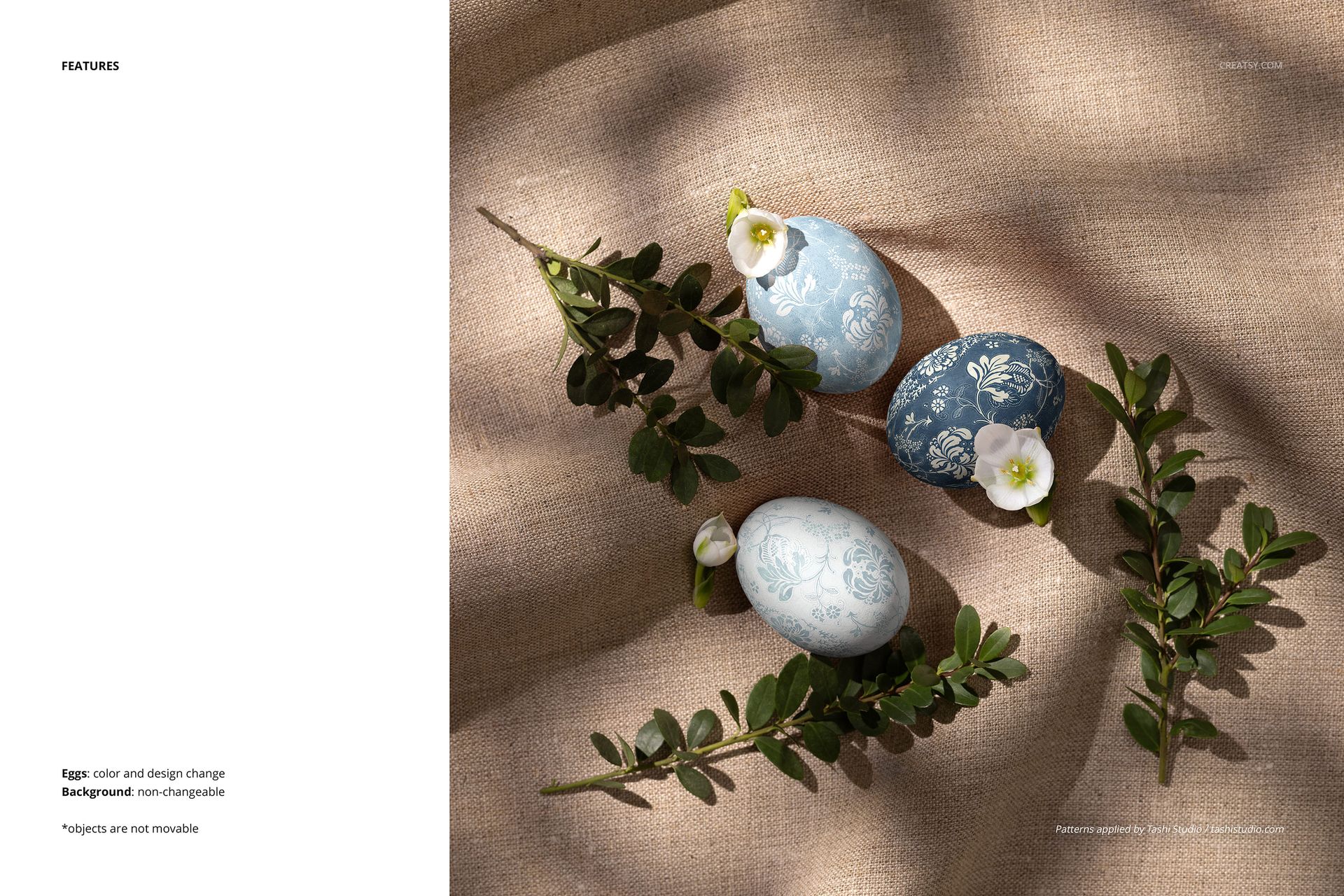 Retro Easter egg mockup featuring blue and white eggs with floral motifs, displayed on textured linen with greenery and flowers, top-down perspective.
