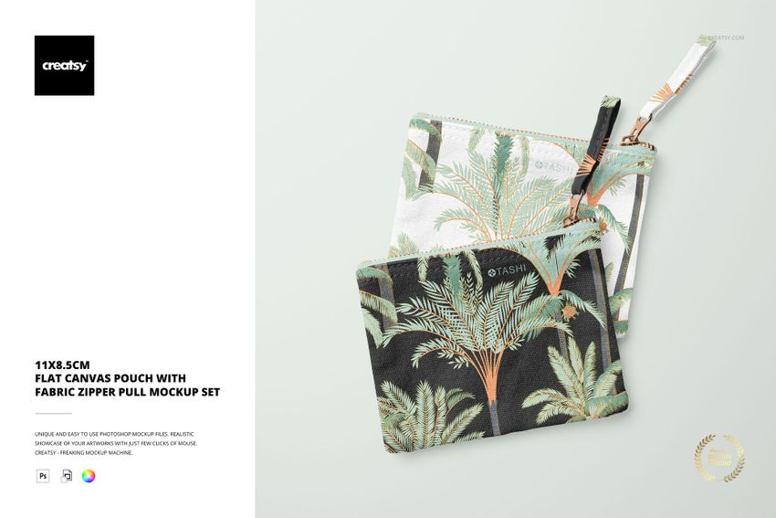 Flat canvas pouch with fabric zipper pull featuring tropical palm leaf patterns, shown in a front view mockup set.