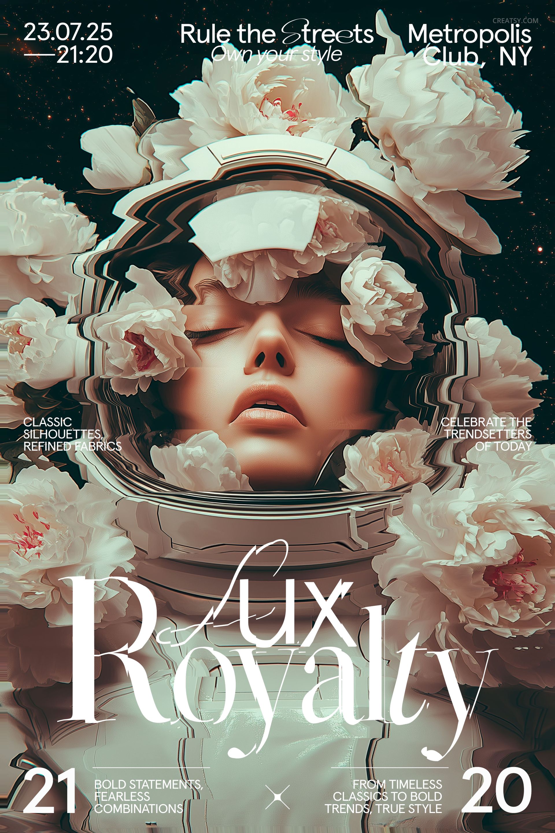 Astronaut in a reflective suit with pink orchid flowers and cosmic background, designed as a poster mockup.