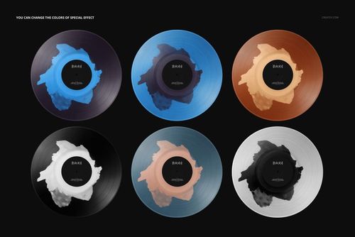 Top view of six vinyl record mockups featuring colorful blob designs at the center, displayed side by side.