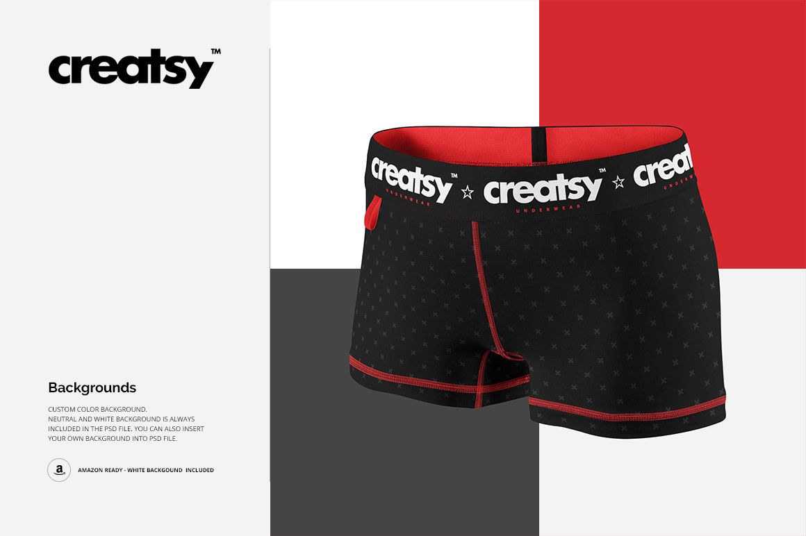 Black compression shorts mockup with red accents and star details, shown from the front against a geometric backdrop.