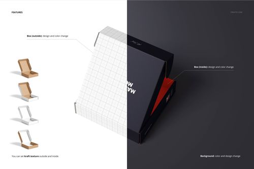 Mailing box mockup set showing an open kraft box with grid pattern on white, and closed black box on dark background.