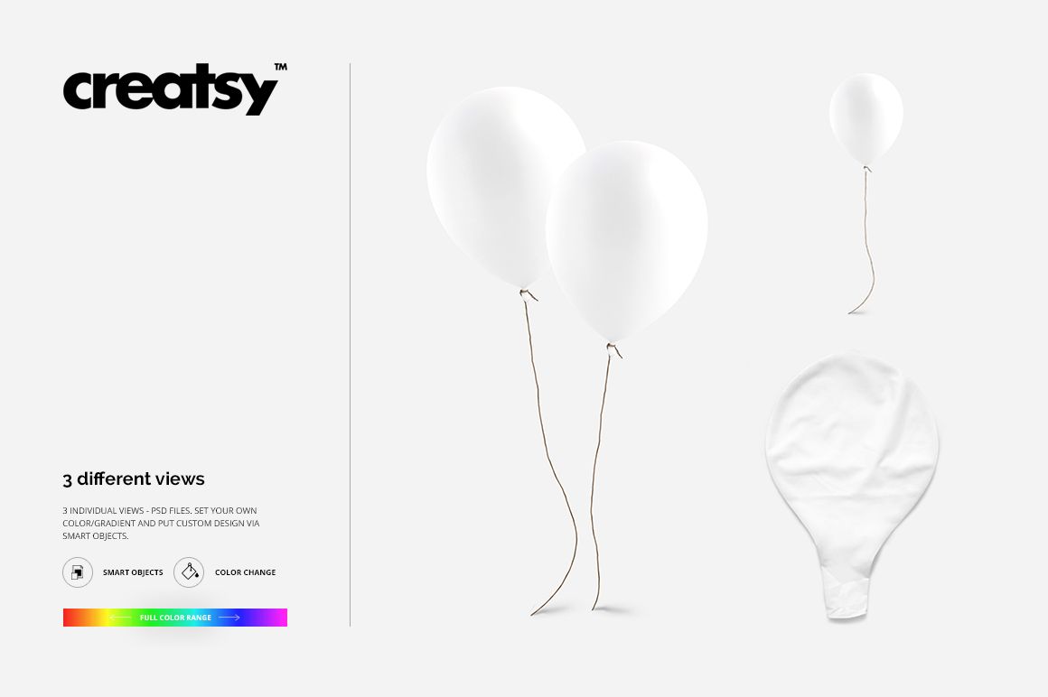 Set of white balloon mockups with two floating balloons and one isolated balloon, displayed on a neutral background.