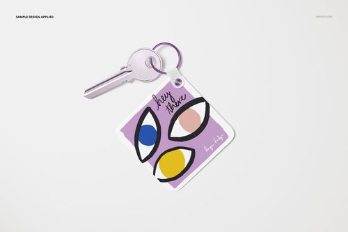 Square key tag mockup featuring a pastel purple background, abstract eye illustrations, and a silver key on a white surface.