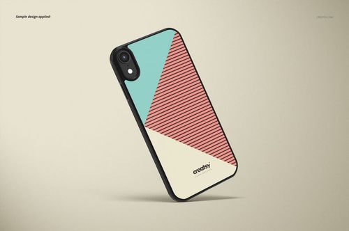 Black iPhone XR case mockup with geometric design in teal, coral stripes, and cream, shown at an angled front view.