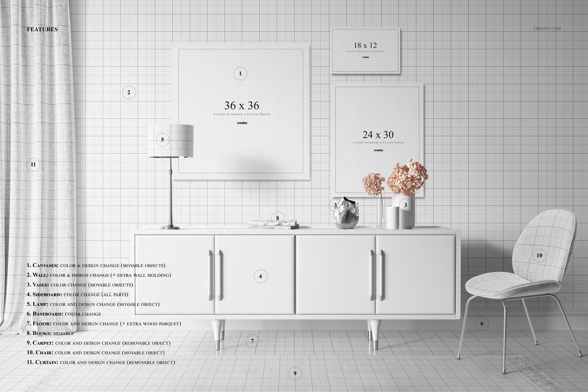 Contemporary room mockup showing three canvas prints, a white sideboard, decorative vases, books, lamp, and a cushioned chair.