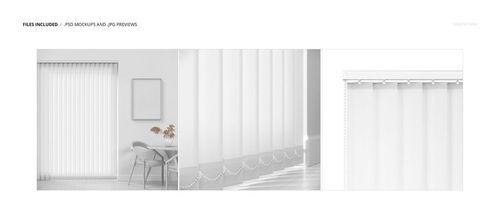 PSD mockup set featuring vertical blinds in a bright dining area, close-up of textured panels, and head rail system.