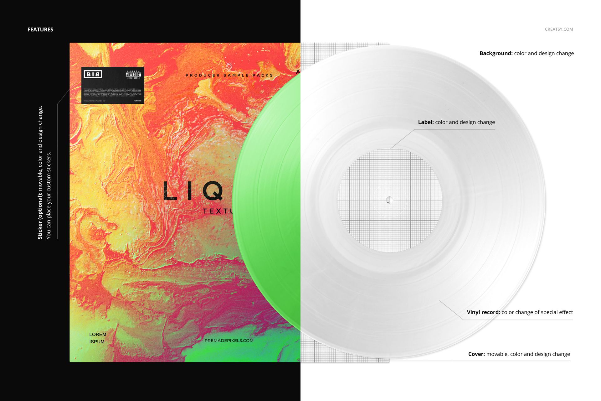 Front view of a split effect vinyl record and cover mockup showing a colorful cover on the left and a transparent record on the right.