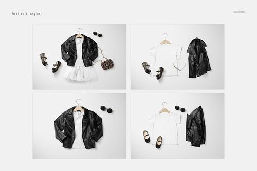 Girls chic clothing set mockup featuring a black jacket, white dress, sandals, sunglasses, and purse on a white background.
