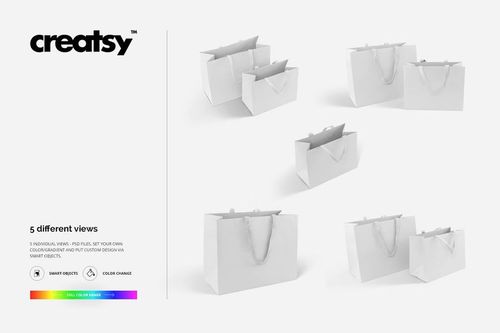 Five white paper bags with rope handles displayed in different angles on a plain white background, packaging mockup set.