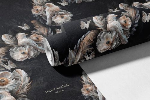 Non-woven vinyl wallpaper mockup featuring elegant flowers and birds in muted colors, displayed from a front angle.