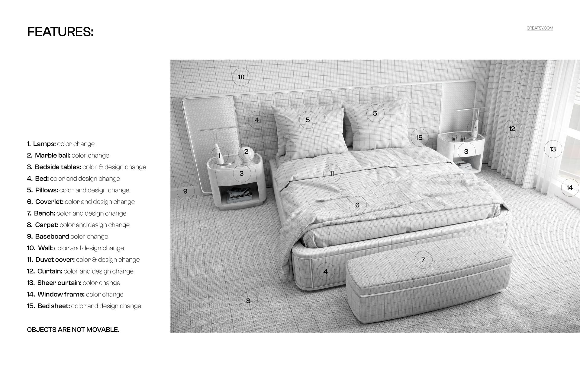 Hotel-style bedroom bedding mockup featuring a neatly made bed with pillows, duvet, and bedside tables in a modern setting.