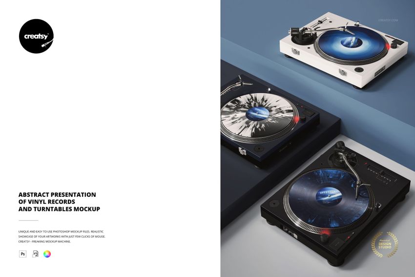 Abstract presentation of vinyl records and turntables mockup with blue and black patterns, viewed from above.