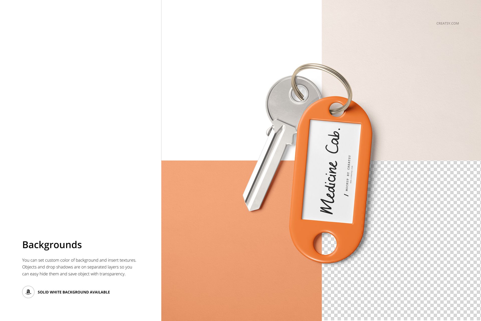 Silver key and orange key tag mockup displayed on a color-blocked surface with white, peach, and transparent sections.