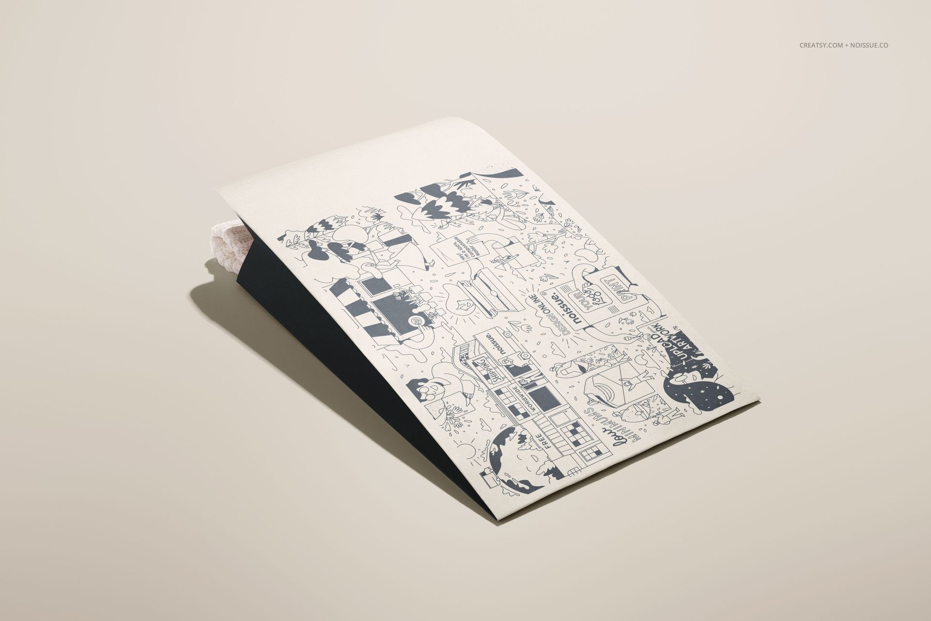 Kraft mailer envelope mockup with illustrated black and white pattern, shown at an angled front view on a beige surface.