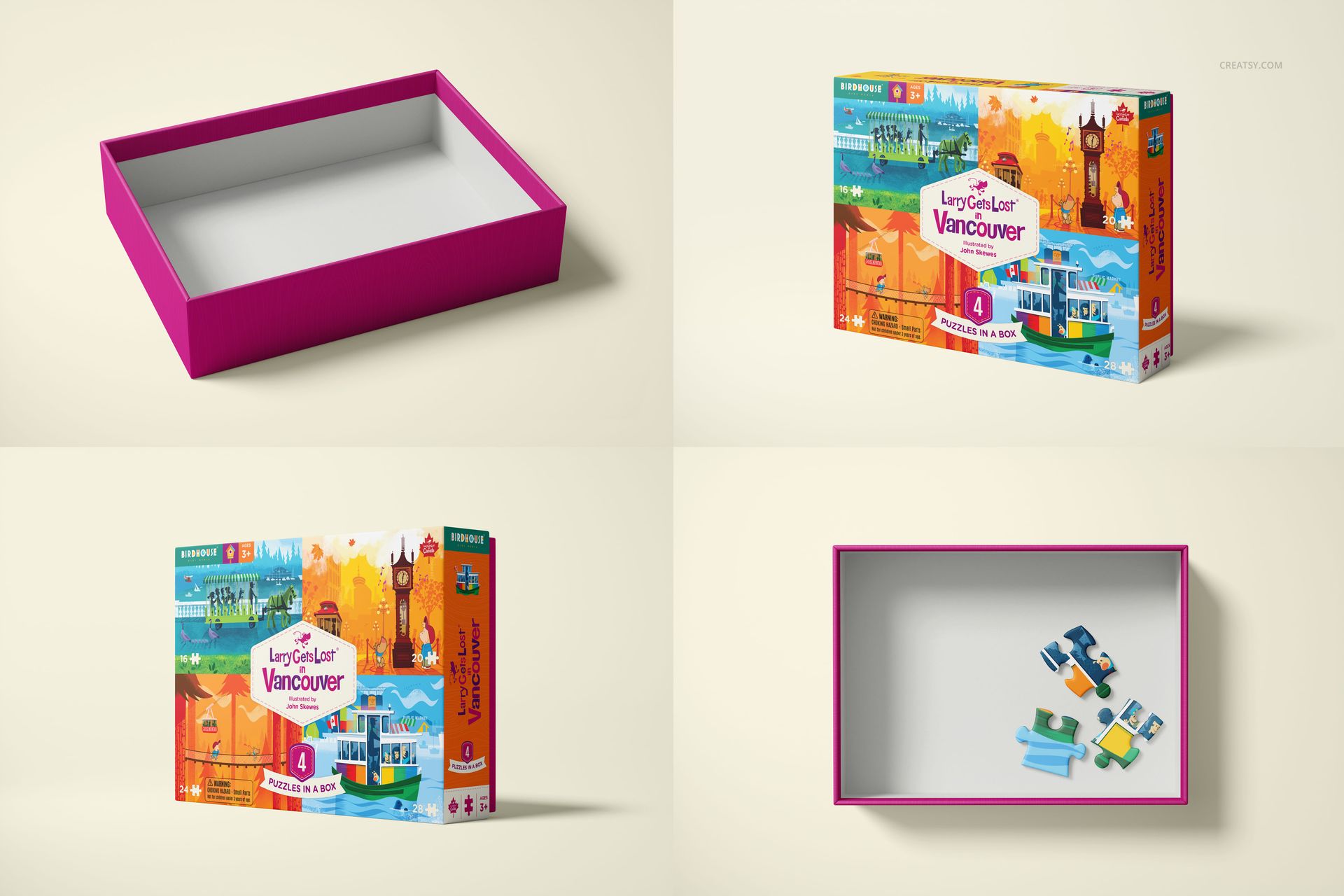 Puzzle game box mockup set featuring a rectangular box with colorful illustrated designs, shown from various angles.