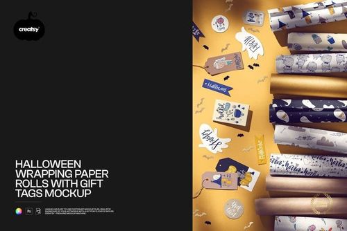 PSD mockup showing Halloween wrapping paper rolls and decorative gift tags, displayed on a bright yellow backdrop.