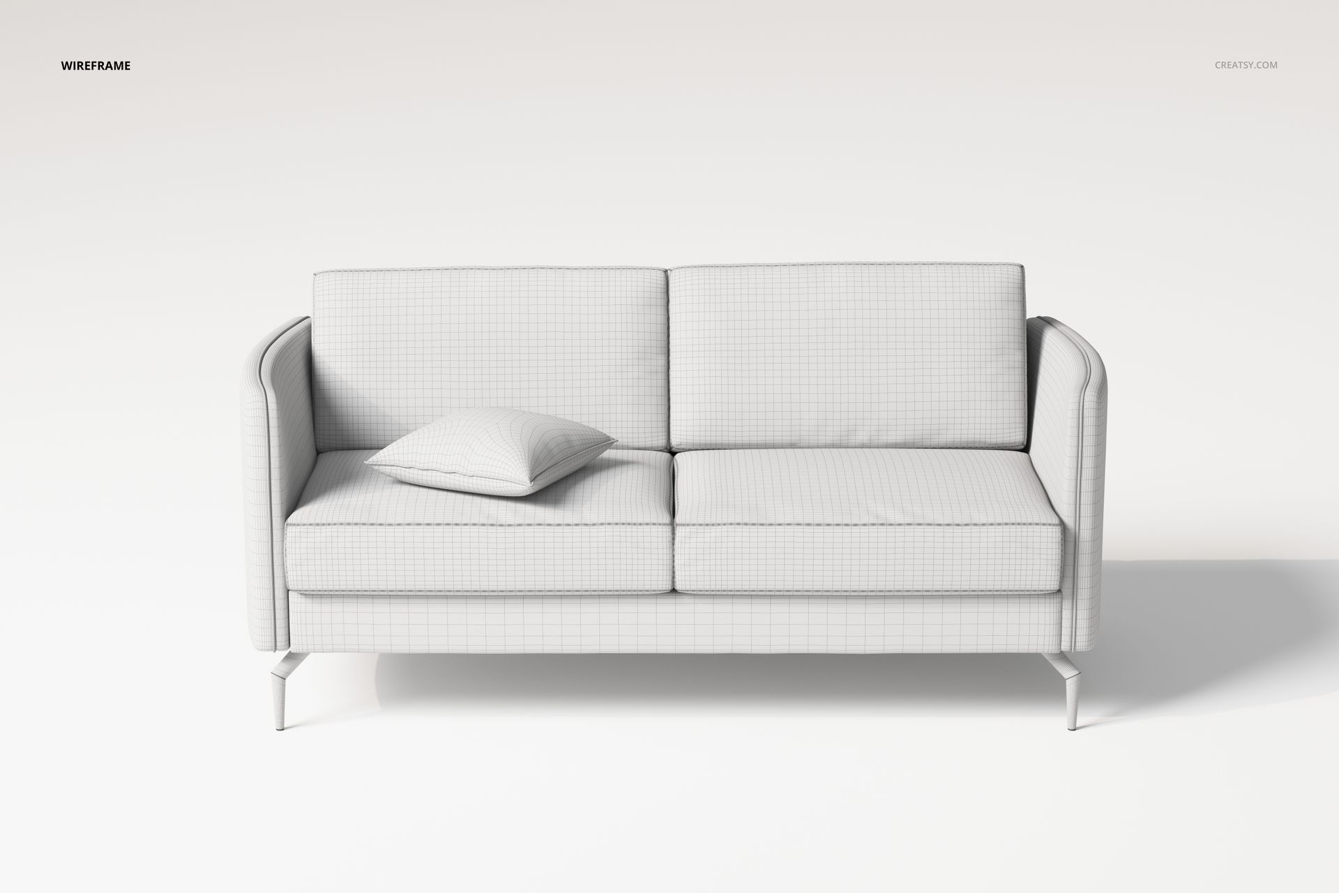 Minimalistic modern sofa in a light gray wireframe texture, shown from the front with a single cushion on the seat.