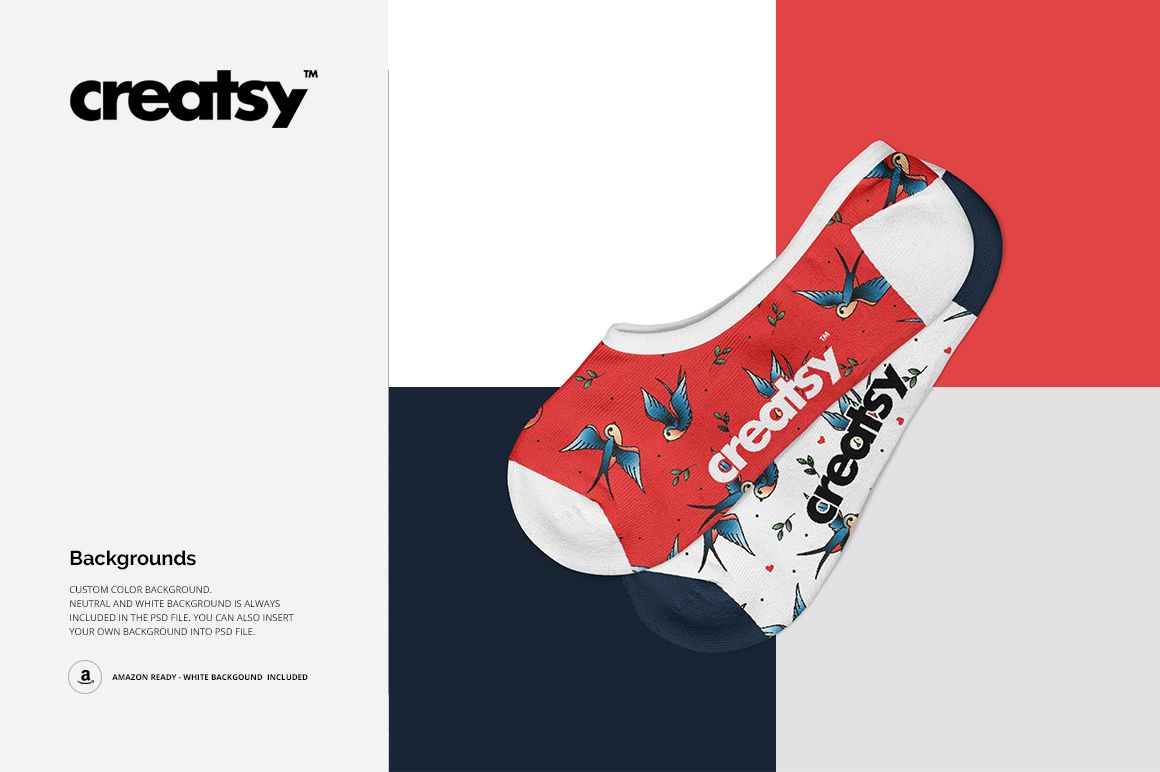 Pair of no show socks mockup with bird pattern and creatsy logo, displayed on geometric color block background.