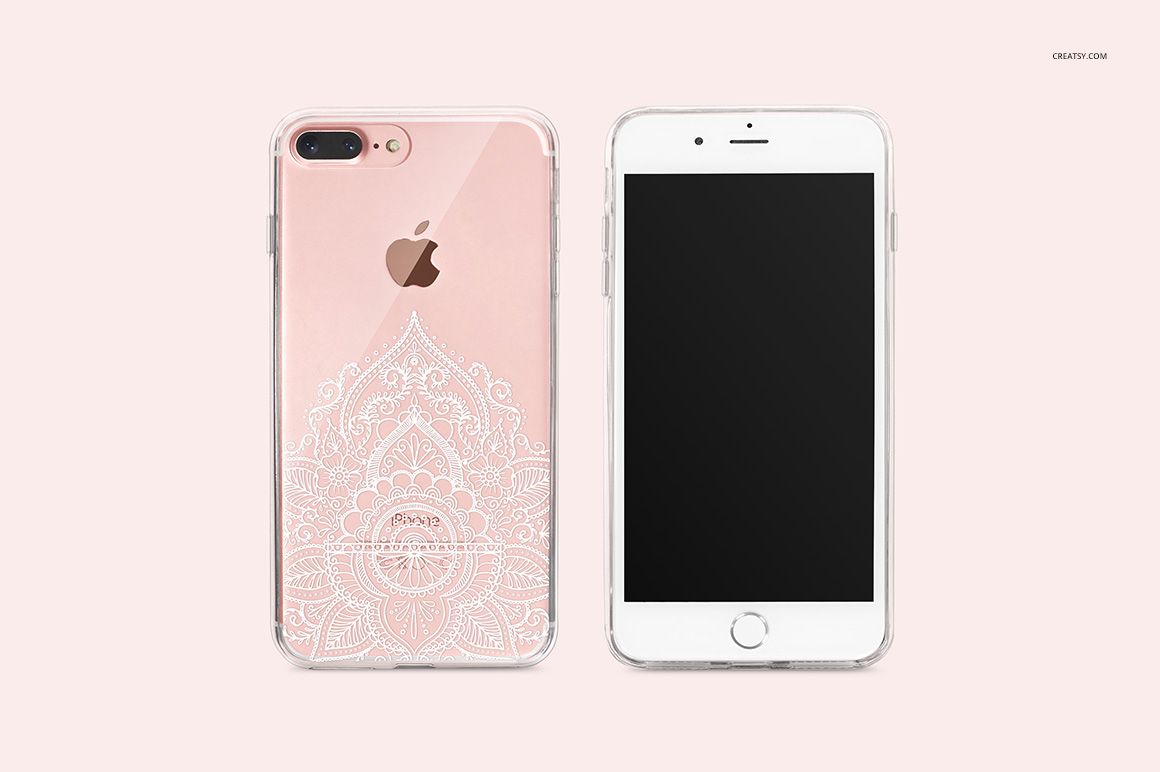 Transparent iPhone 7 Plus case mockup featuring a decorative white mandala design on a pink device, displayed side by side.