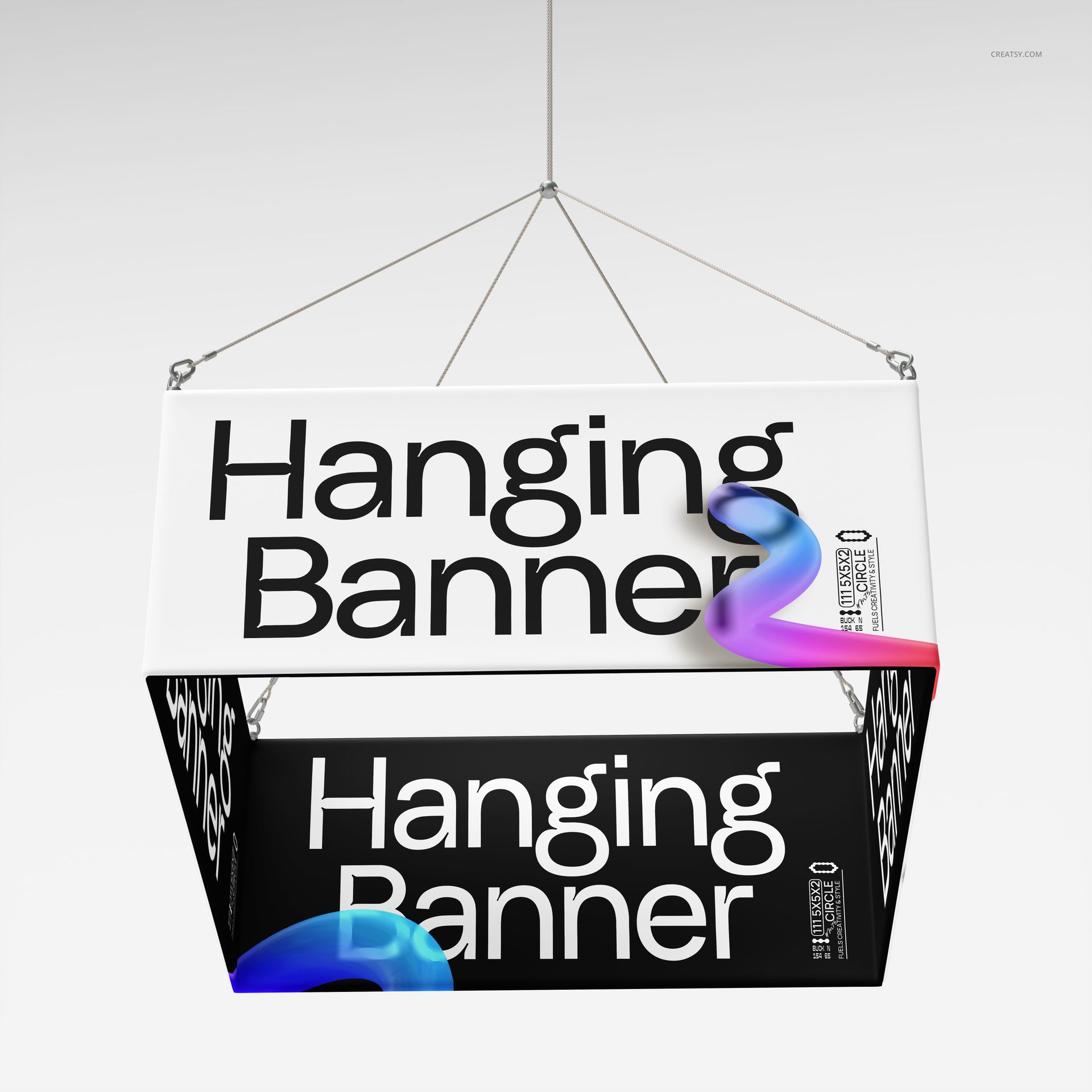 Square hanging display mockup with two visible panels, one white and one black, suspended by cables in a studio setting.