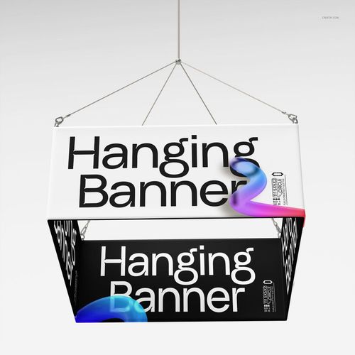 Square hanging display mockup with two visible panels, one white and one black, suspended by cables in a studio setting.