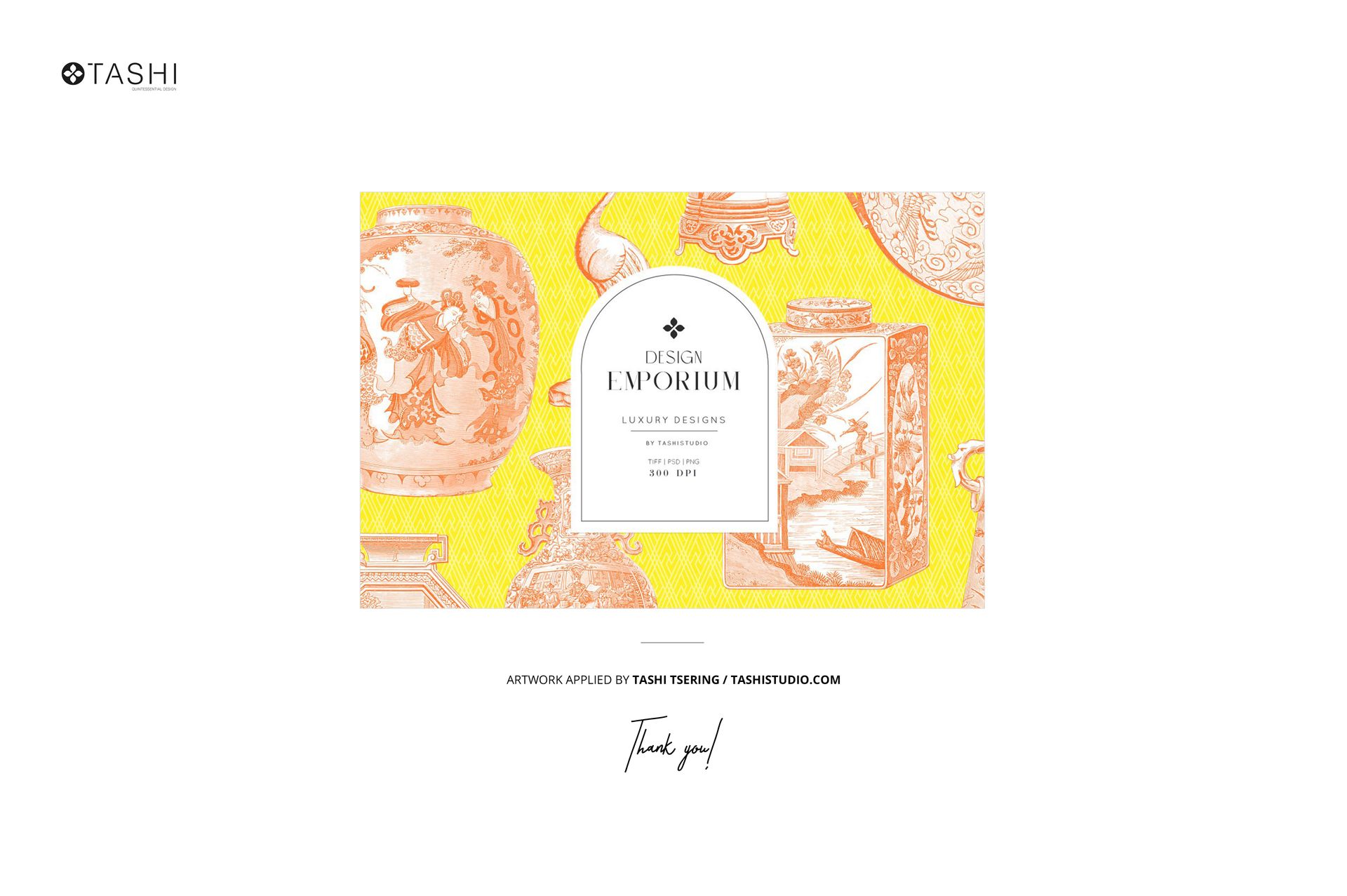 Folded cotton fabric mockup featuring a yellow background with intricate orange and white vase patterns, front view.