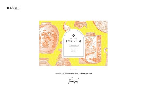 Folded cotton fabric mockup featuring a yellow background with intricate orange and white vase patterns, front view.