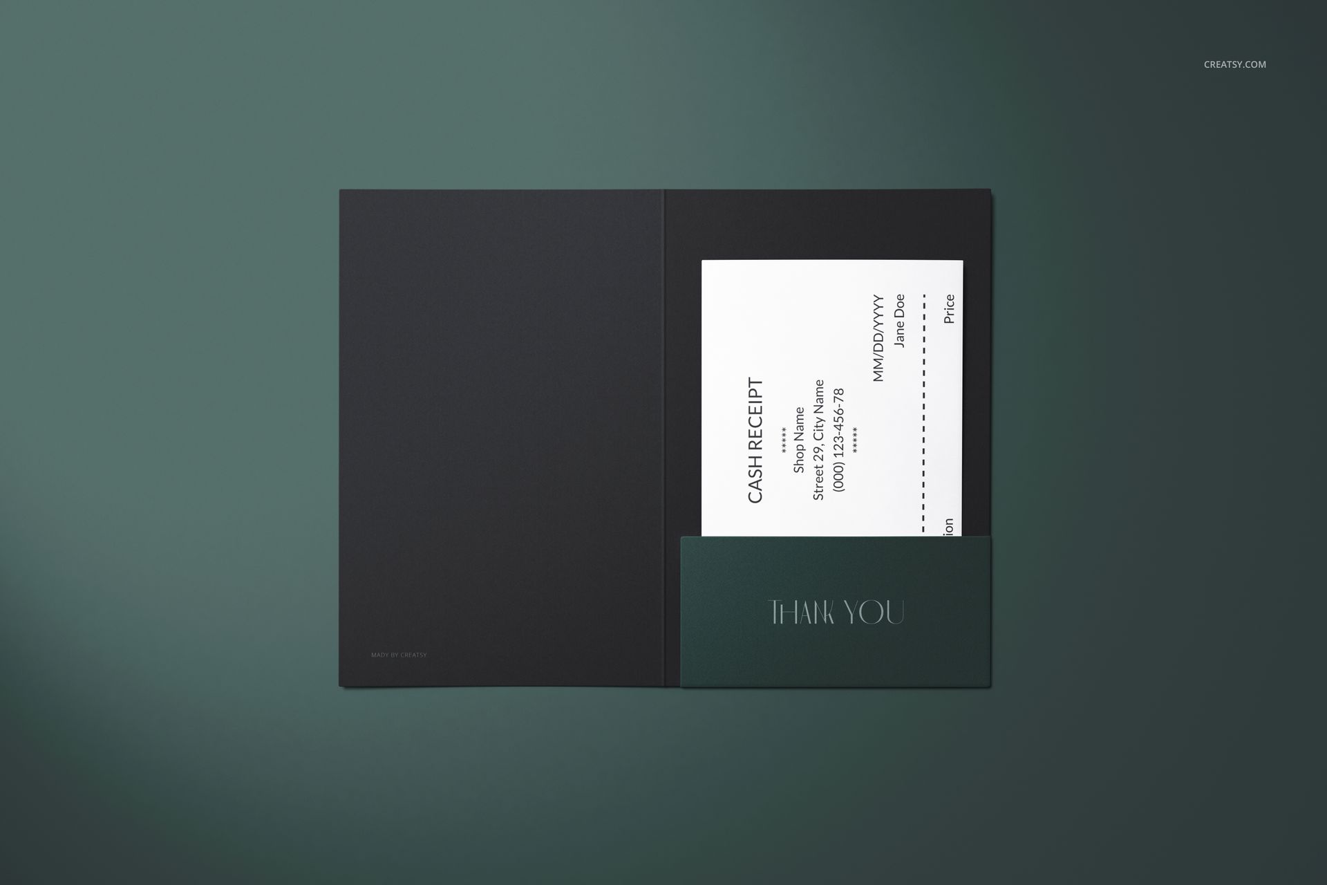 Receipt holder mockup with dark green and black colors, open to show a white cash receipt inside, front view on green background.