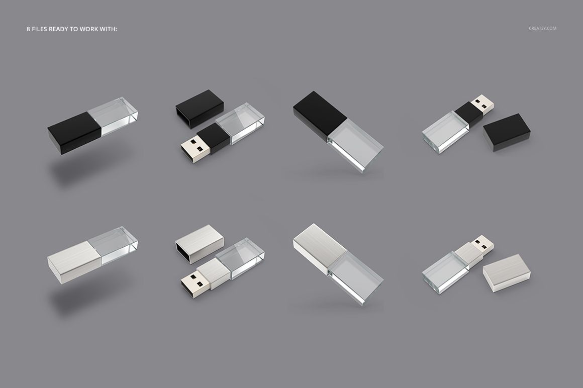 PSD mockup of acrylic USB drives featuring transparent and opaque elements, arranged in different perspectives.