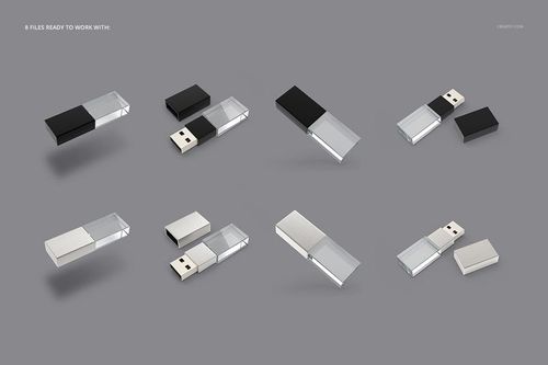 PSD mockup of acrylic USB drives featuring transparent and opaque elements, arranged in different perspectives.